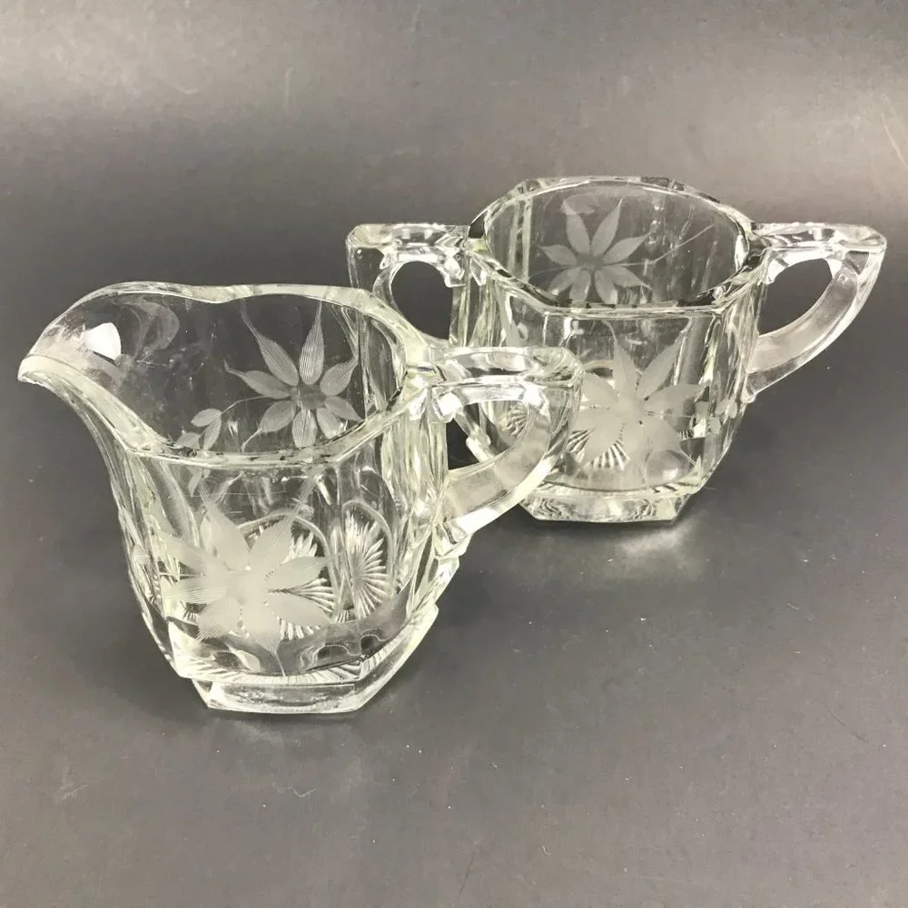 Heavy Vintage hexagonal, etched cream and sugar set